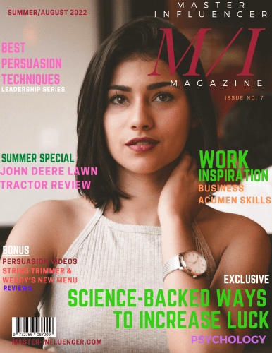 Master Influencer Magazine Summer August 2022 Issue cover featuring a woman with black hair, red lipstick, a white top and her hand on the back of her neck.
