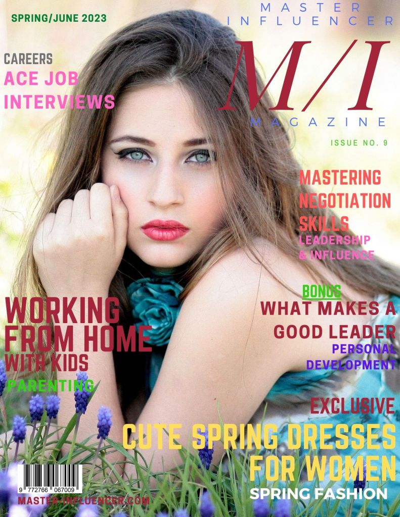 Master Influencer Magazine Spring/June 2023 Issue cover featuring a woman with brown hair, red lipstick, a blue floral dress with her hand on her face