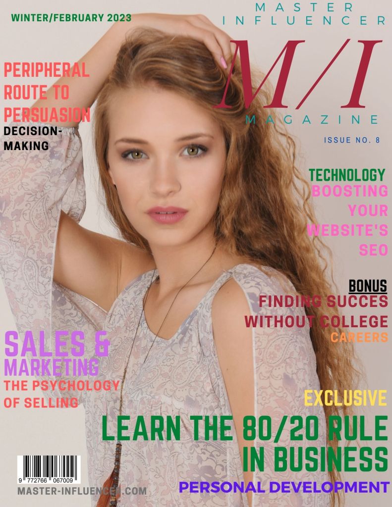 Master Influencer Magazine Winter/February 2023 Issue cover featuring a woman with brown hair, red lipstick, a light pink blouse with her hand on her head.